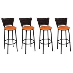 Kit 4 Banquetas Médias Preta com Encosto Junco Argila Assento Laranja