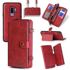Capa carteira compatível com Samsung Galaxy S9 Plus, alça de ombro transversal, suporte para cartão, multifuncional, 2 em 1, capa magnética destacável para celular Glaxay S9+ 9S 9+ S 9 9plus S9plus