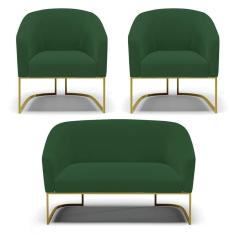 Sofá Namoradeira E 2 Poltronas Base Industrial Dourado Stella Veludo Verde D03 - D`rossi