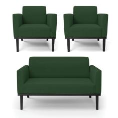 Sofá Namoradeira Com 2 Poltronas Base De Madeira Fixa Preto Marisa Veludo Verde D03 - D`Rossi