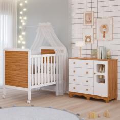 Quarto de Bebê Completo Berço Americano Mini Cama Cloe 2 Em 1 Cômoda Uli 4 Gavetas 1 Porta 100%MDF Móveis Peroba