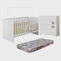Quarto de Bebê com Berço com Colchão Life 100% Mdf e Cômoda de Bebê 100% Mdf 1 Porta 4 Gavetas