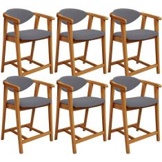 Kit 06 Banquetas Baixa Cecília L02 Moderno Madeira Maciça Assento Tecido Cinza Lyam Decor