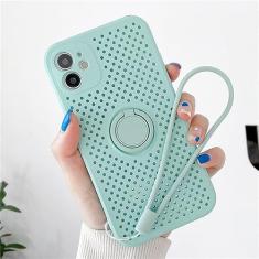 Capa oca com resfriamento respirável para iPhone 12 Mini 11 Pro XS Max X XR 7 8 Plus SE2 Capa com alça de suporte de anel magnético de silicone macio, ciano, para iPhoneSE 2 2020