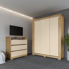 Kit Guarda Roupa Casal Dallas 3 Portas 2 Gavetas e Cômoda Austin 3 Gavetas I01 - Clique Chique Móveis