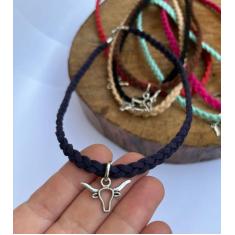 Colar choker country adulto ou infantil couro trançado pingente boi - 