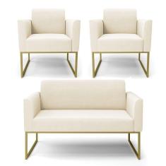 Sofá Namoradeira Com 2 Poltronas Base Industrial Dourado Marisa Veludo D03 - D\`rossi Cor Bege