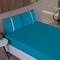 Jogo Lençol Queen Liso Elástico Malha 100% Algodão - Meta Mark, Azul T