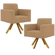 Kit 02 Poltronas Decorativa Giratória Base de Madeira Helô L02 Bouclê Mostarda - Lyam Decor