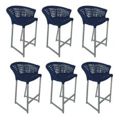 Kit 6 Banquetas Reis Em Corda Náutica E Base Em Alumínio Cinza Para área Gourmet Azul Marinho Azul