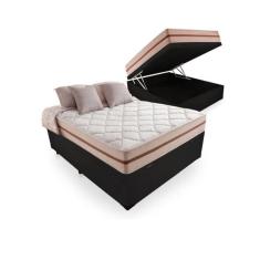 Cama Box Baú Viúva Tecido Sintético Preto com Colchão Pillow Angel - Bello Box - Molas Ensacadas 62x128x188