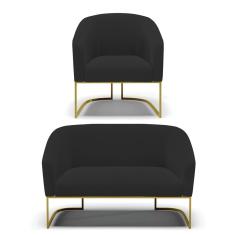 Sofá Namoradeira E Poltrona Base Industrial Dourado Stella Veludo D03 - D'rossi Cor Preto