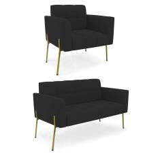 Sofá Namoradeira E Poltrona Base Pé De Ferro Dourado Elisa Veludo Preto D03 - D'rossi