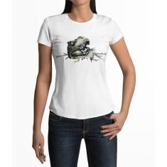 Camiseta ECF Feminina Dinossauro T-Rex surgindo do gelo Manga Curta Branca Poliester