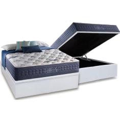Cama Box Baú Casal: Colchão Molas Anjos MasterPocket Ensacadas Blue Sea + Base crc Courano Branco(138x188)
