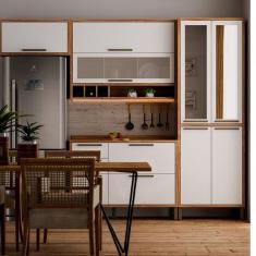Cozinha Modulada Compacta 4 Peças 9 Portas e Vidro Reflecta 274cm 100% Mdf Vicenza Espresso Móveis Amêndoa/Branco