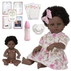 Boneca Estilo Reborn Menina Negra 46cm C/ Chupeta - Cegonha Reborn Dol