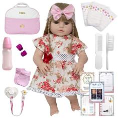 Boneca Reborn de Silicone Loira Vestido Florido Pode Banho - Cegonha R