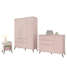 Jogo de Quarto Infantil Retrô Alice Guarda Roupa, Cômoda com Porta e Mesinha - PR Baby