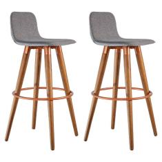 Kit 2 Banquetas Altas Luxo Versatil Aço Cobre Linho Cinza Base Carvalho