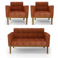 Sofá Namoradeira E 2 Poltronas Base Madeira Castanho Elisa Corano D03 - D`rossi Cor Nozes