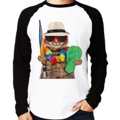 Camiseta Raglan Gato nas Férias Manga Longa - Foca na Moda, Branco, Pr
