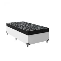 Cama Box Solteiro 88 Tecido Sintético Branco Com Colchão Espuma D20 - Tampo Preto 12cm