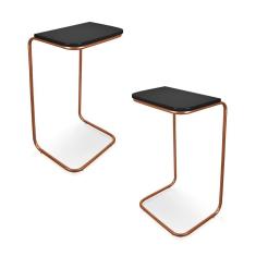 Kit 02 Mesas Lateral Tampo Multiuso Para Sofá Base Bronze J01 - D'rossi Preto