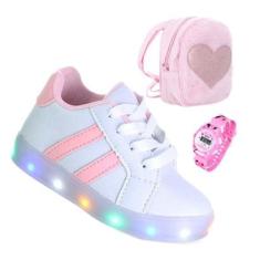 Kit Tenis Infantil com Luz Led Menina Branco e Rosa Mais Mochila + Relógio-Feminino
