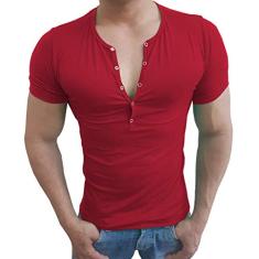 Camisa Henley Viscose Camiseta Slim Botão Manga Curta Sjons (Vermelho, M)