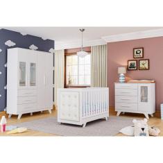 Quarto de Bebê Completo Guarda Roupa com Janela Cômoda e Berço com Capitone Retrô Jolie Branco Brilho