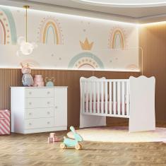 Quarto de Bebê Doce Sonho com Cômoda 2561 e Berço Simples 1 Qmovi Branco