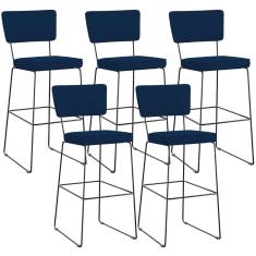 Kit 05 Banquetas Allana L02 Tecido Base em Aço Encosto Fixo Azul para Cozinha Sala de Jantar