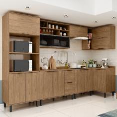 Cozinha Modulada Toscana 7 Peças Mdf Com Aéreo 1200 Porta De Vidro Basculante E Armários Canto Com T Freijó