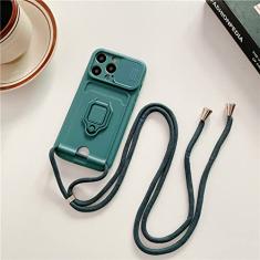 Capa de cartão de suporte de anel de silicone de alça transversal para iphone 13 11 12 14 pro max xs x xr 6 8 7 plus se capa de câmera deslizante, verde escuro, para iphone xs