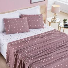 Jogo De Cama Lençol 200 Fios Petit Poá Casal Padrão 04 Peças - Rose