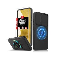 FRLMOOES Capa magnética para Samsung Galaxy S22 compatível com carregamento MagSafe sem fio, com protetor de tela, anel de suporte integrado + capa para câmera, antiarranhões, à prova de choque
