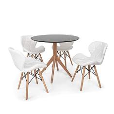 Conjunto Mesa de Jantar Maitê 80cm Preta com 4 Cadeiras Eames Eiffel Slim - Branca