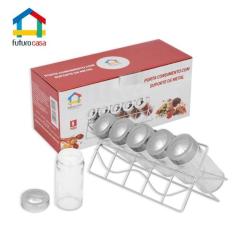 Porta Codimentos Em Aco Inox 5 Peças Com Suporte Em Metal