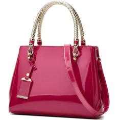 XingChen Bolsa feminina brilhante de couro envernizado brilhante, alça superior, bolsa de ombro média, bolsa para noite, rosa, One Size