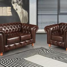 Conjunto Sofá 2 Lugares e Poltrona Luis XV Chesterfield Vintage Café