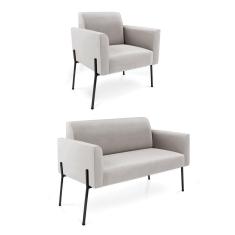 Sofá Namoradeira E Poltrona Pé De Ferro Preto Marisa Veludo D03 - D`rossi Cor Cinza