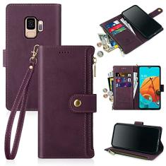 Antsturdy Capa carteira para Samsung Galaxy S9 com porta-cartões para mulheres e homens, capa para celular Galaxy S9 com bloqueio de RFID, capa flip de couro PU à prova de choque com alça com zíper,
