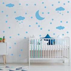 Adesivo de Parede Infantil Nuvens Lua e Estrelas Azul
