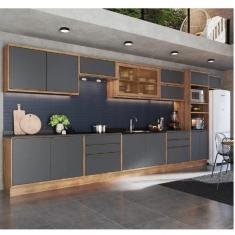 Cozinha Modulada 11 Peças 15 Portas 6 Gavetas Com Divisor De Talheres 1 Nicho Para Forno Viena Edez Louro Freijó/cinza