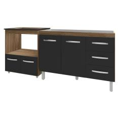 Balcão Armário Cozinha Gabinete De Pia 120 Cm Bruna E Balcão Para Fogão Cooktop 5 Bocas E Forno Evelyn Savana Preto