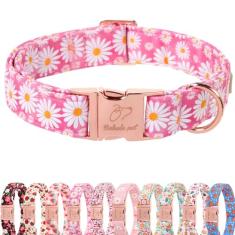 Coleiras para cães de verão rosa margarida flor coleira para cachorro com fivela de metal de segurança ajustável para cães pequenos, médios e grandes, presente de coleira de cachorro para meninos e
