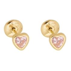 Brinco De Ouro 18k Infantil Coração Zircônia Branca Vermelho Rosa - Ae