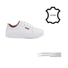 Tênis Couro Legitimo Branco Feminino Casual com Cadarço Algodão Extra-Feminino