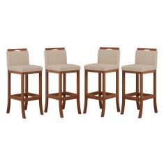 Kit 4 Banquetas Média Encosto Estofado 38x92 Cm Turim Madeira Maciça Pinhão Suede Bege CCS